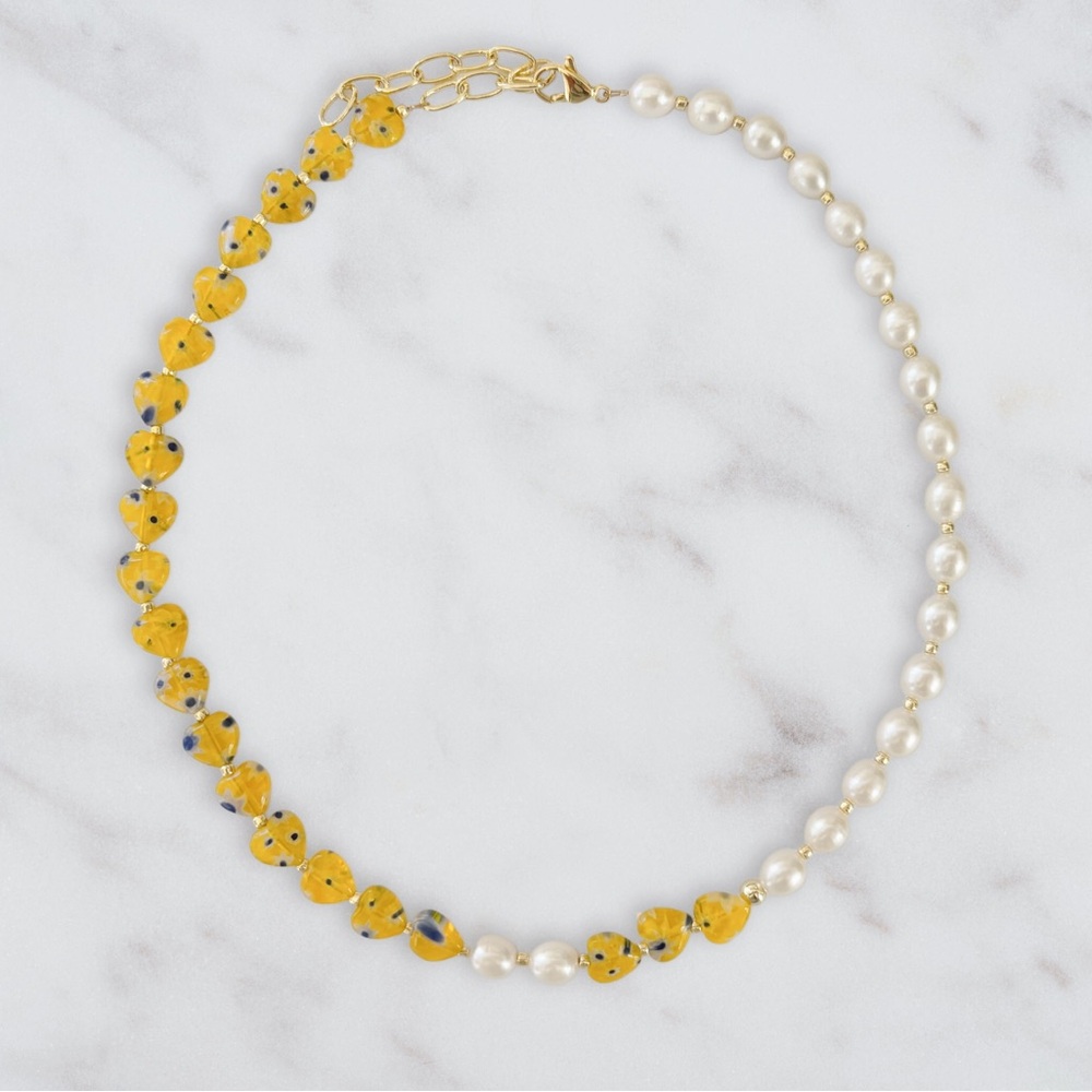 Handmade Yellow Heart & Pearl Beaded Necklace